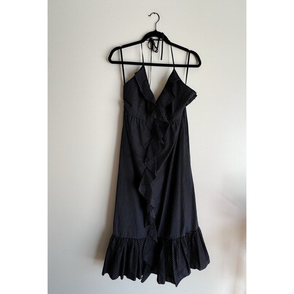J. Crew Black + White Polka Dot Ruffle V Neck Spaghetti Strap Halter Midi Dress